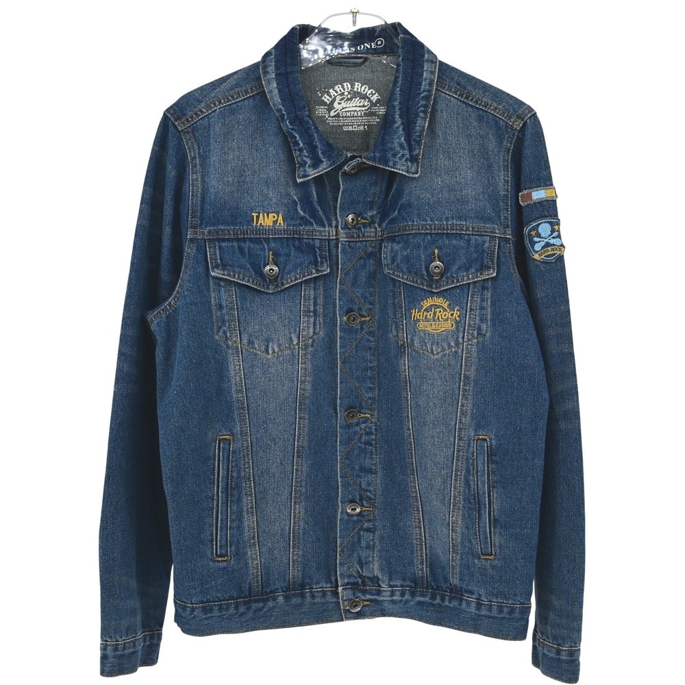 Hard Rock 100% Cotton Denim Jacket Men L Vintage Embroidered Mayo Casino Trucker